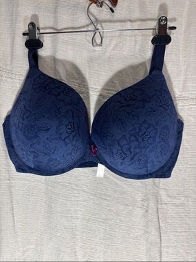 Cacique Navy Floral Lace T-Shirt Bra with Pink Bow